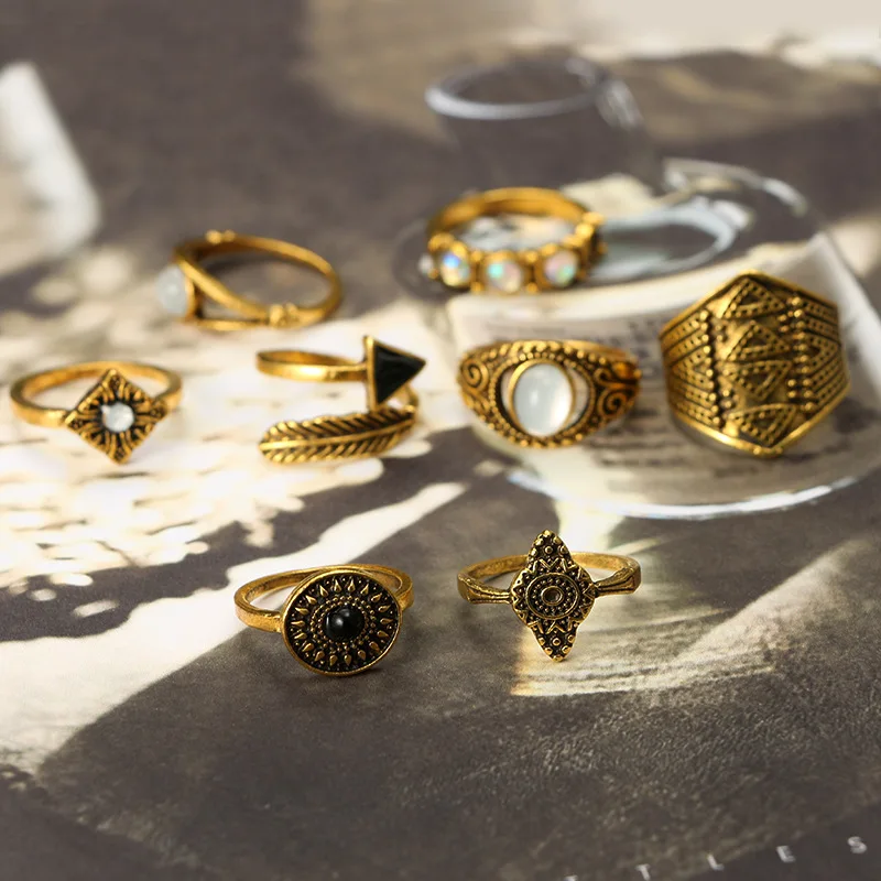 Набор резных колец MuHan в винтажном стиле под старину золото серебро штатив перья