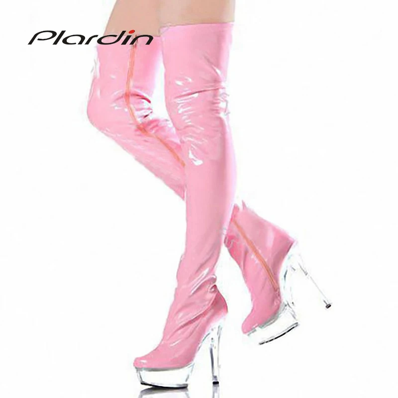 

Plardin Plus Size :35-46 PU Sexy Transparent 15CM High Heels 5CM Platform Zip Concise knee-high Nightclub Dance Party Boots
