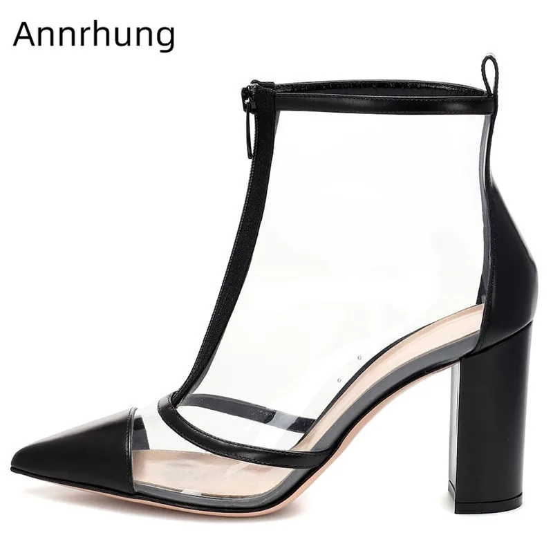 

PVC Patchwork Ankle Boots Women Retro Pointed Toe High Heels Chunky Heel Front Zipper Botas Clear PVC Summer Short Booties Mujer