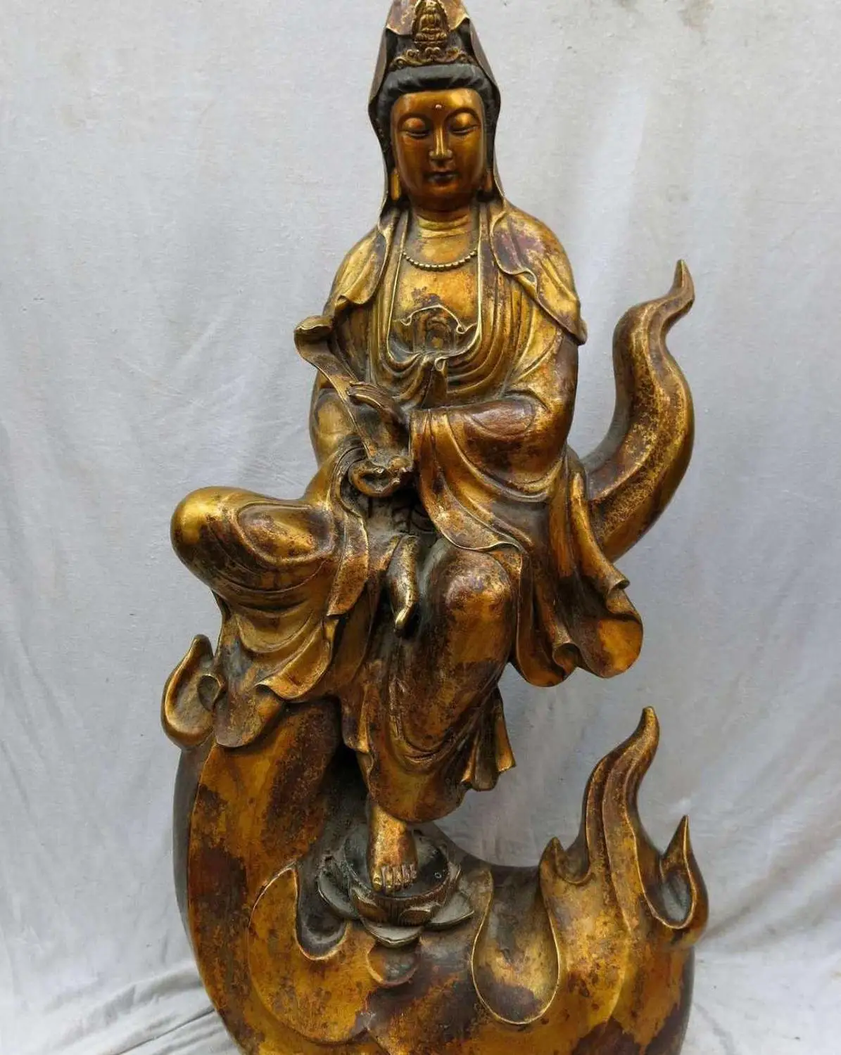 

31" China bronze gild Avalokitesvara sculpture carved Kwan-yin on Flame Statue