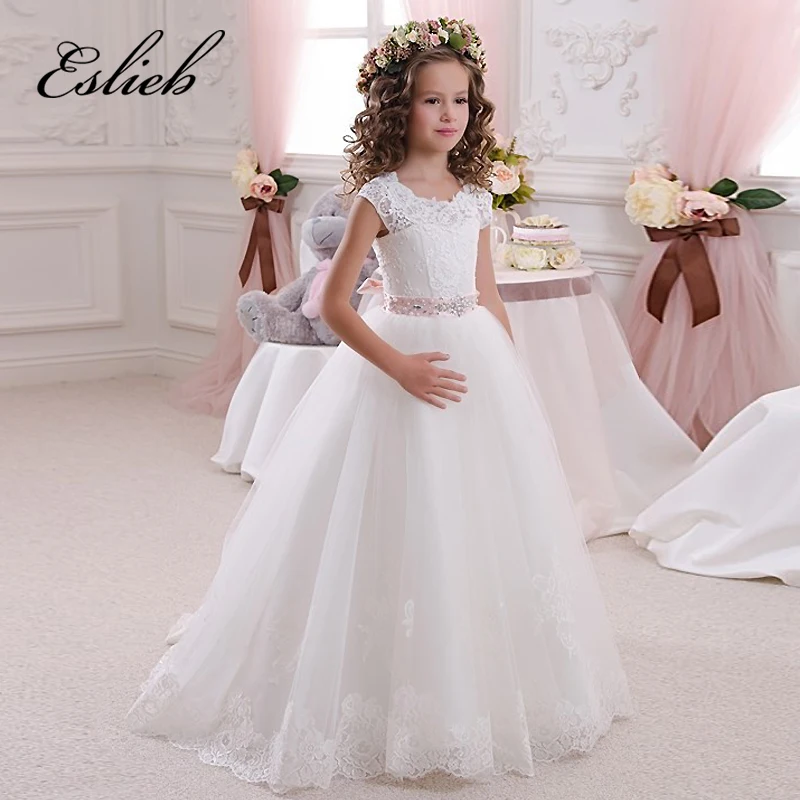 

Real Image Ivory White Lace Flower Girls Dresses Ball Gown Floor Length Girls First Communion Dress Princess Dress 2-14 Old 2017