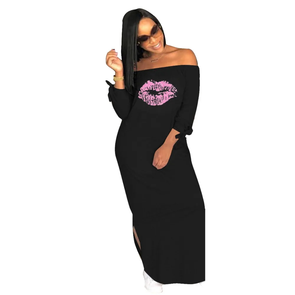 

Autumn New Women Dresses Long Sleeve Printed Red Lip Slash Neck Loose Long Design Ladies Dresses