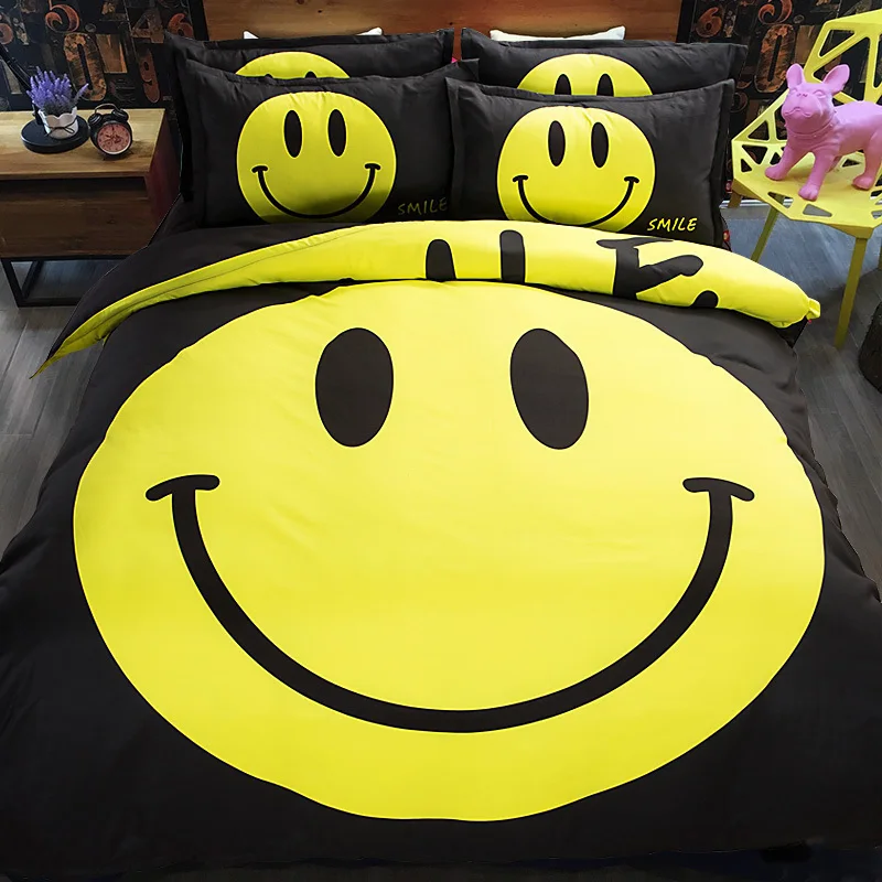 

printed smiling face bedding cartoon bed linen soft duvet cover set single twin queen king size 3/4PC home decor kids pillowcase