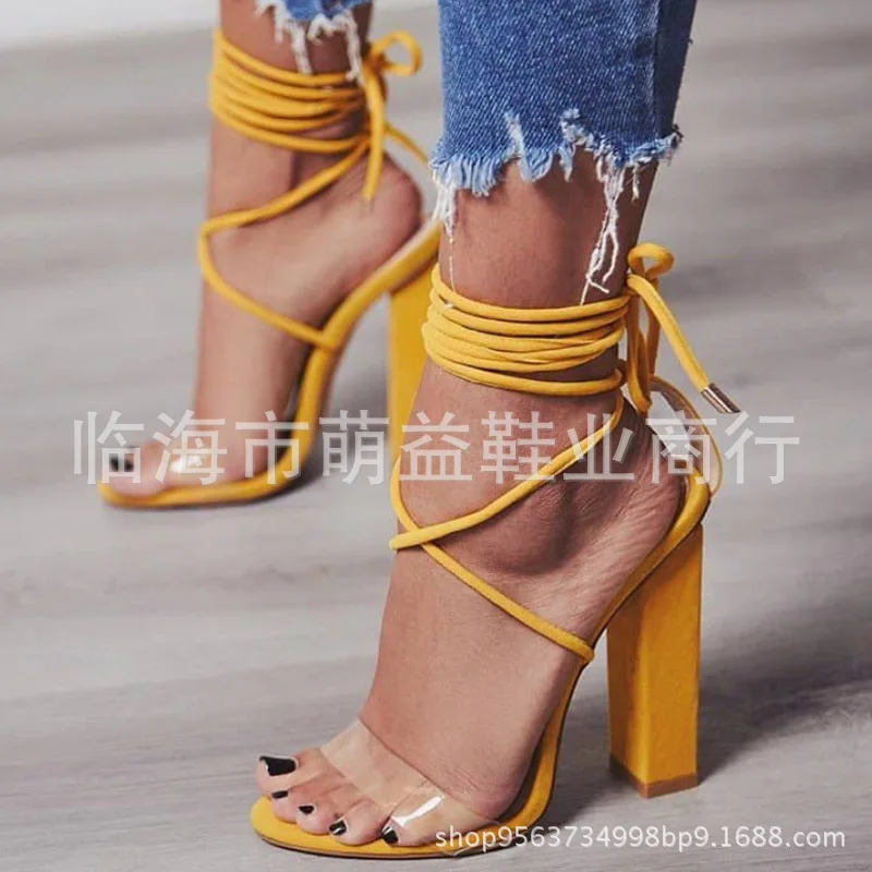 

Hot Sale Yellow Europe Style Women Sandals Square Heels Plus Size Female High Heels Sandals Bling Lace Up Luxury Sandals