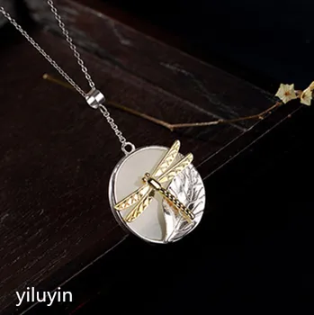 

KJJEAXCMY JJewellery S925 Sterling Silver gilded inlaid natural Hetian jade white jade dragonfly high-grade female clavicle Cha
