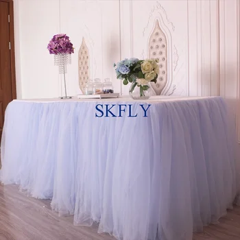 

SK005GA wedding custom made 6ft rectangle 30'' wide, 72'' long, 30'' drop, light blue puffy tulle table cloth with white top