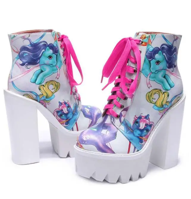 New winter women CowHide printing boots high platform super chunky heel