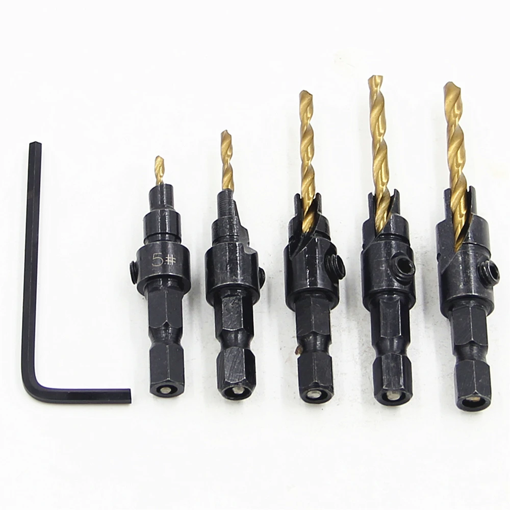 

FGHGF 5PCS Titanium Plated Hexagonal Shank Screw Guide Countersink Wood Drill Tapper Tool Countersunk Head Carpenter Drill Set