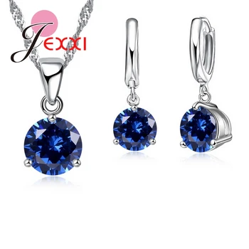

New Crystal Necklaces Set 8 Colors 925 Sterling Silver Pendants Stud Earring Sets Women Cubic Zircon Jewelry
