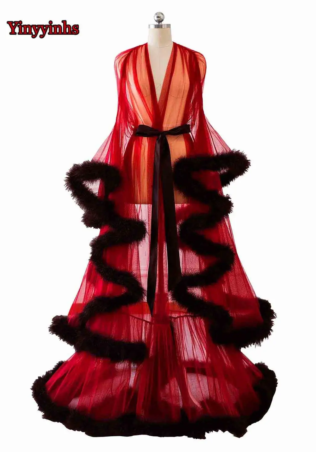 Элегантное vestido de festa длинное вечернее платье v-образный вырез перо длинный рукав Тюль размера плюс вечерние платья для выпускного вечера Robe De Soiree - Цвет: red-black