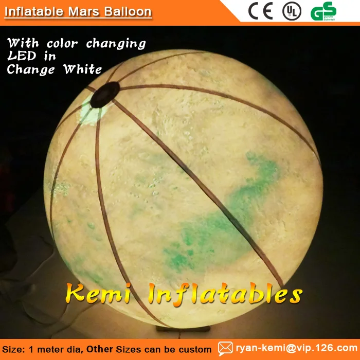 1m dia PVC air sealed inflatable Mars balloon sphere with LED light inflatable mars planet model space education