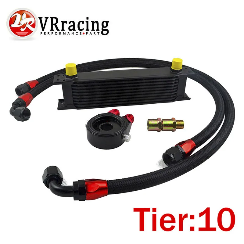 

VR RACING - UNIVERSAL 10 ROWS OIL COOLER+OIL FILTER SANDWICH ADAPTER BLACK + SS NYLON STAINLESS STEEL BRAIDED AN10 HOSE