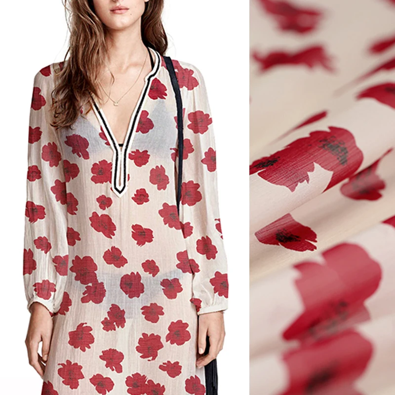 150CM Wide 120G/M Weight Red Floral Print White Triacetate Polyester Georgette Fabric for Spring Dress Jacket Pants E1014 | Дом и сад
