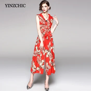 

Summer Woman's Chiffon Jumpsuit Elegant Office Lady Calf-Length Jumpers Sleeveless Print Wide Leg Jumpsuits For Woman