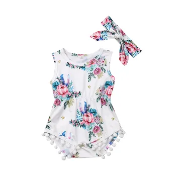 

Cute Newborn Baby Girl Sleeveless Floral Tassel Ball Bodysuit Jumpsuit Headband 2PCS Outfits Summer Clothes