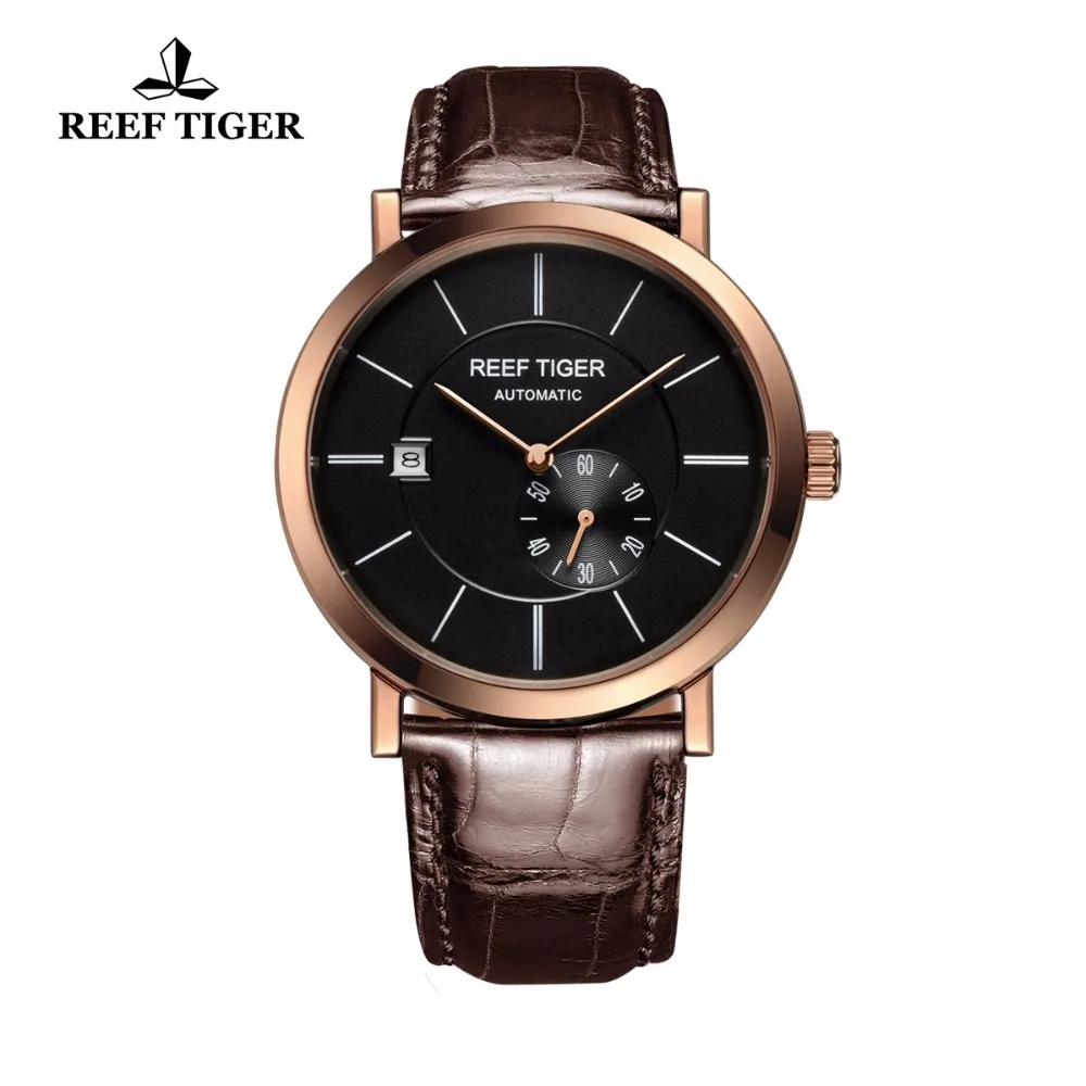 

Reef Tiger/RT Ultra Thin Rose Gold Watches For Men Business Automatic Watch with Date Calfskin Leather Waterproof Watch RGA161