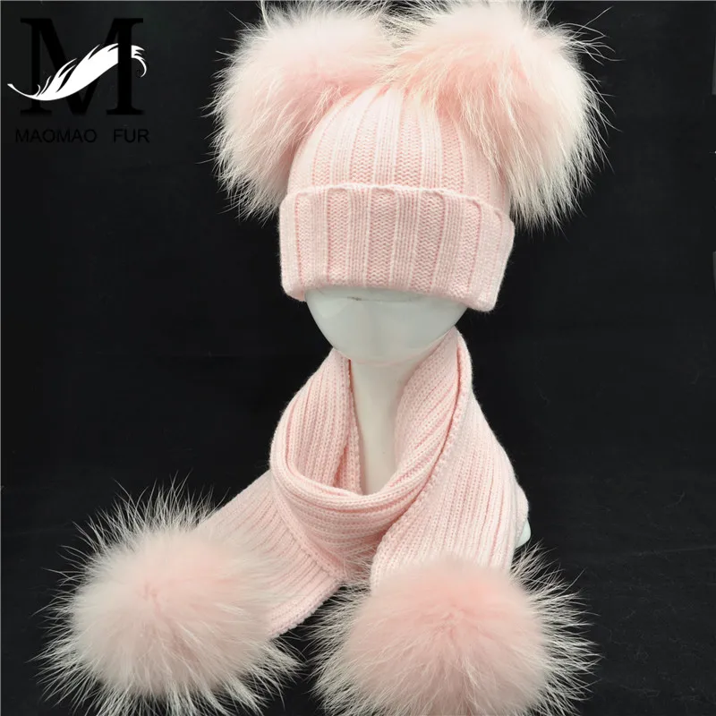 Winter Real Fur Scarf and Hat Set Kids Big Real Raccoon Fur Balls Hat Double Pom Pom Beanies Children Girls Warm Scarf Cap