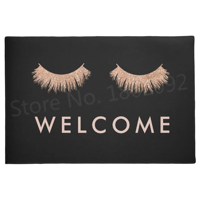 

Stylish Rose Gold Eyelashes Welcome Doormat Funny Novelty Eyelash Lash Home Decoration Black Rubber Door Entrance Mat Rug Carpet