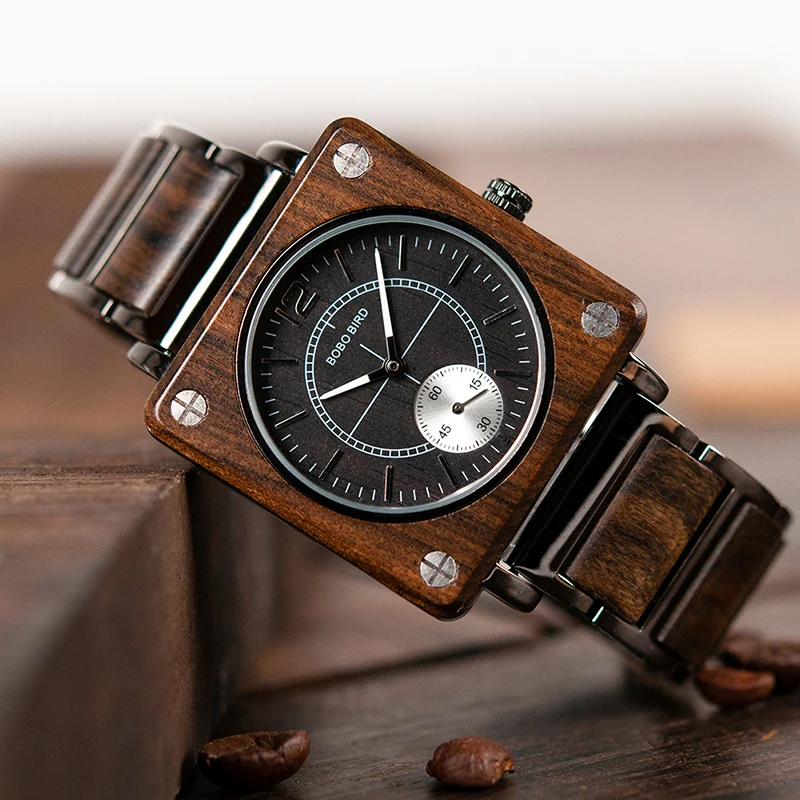 marque de luxe BOBO BIRD Wooden Men Square Watches Luxury Quartz Personalized Wood Watch Gifts for Men