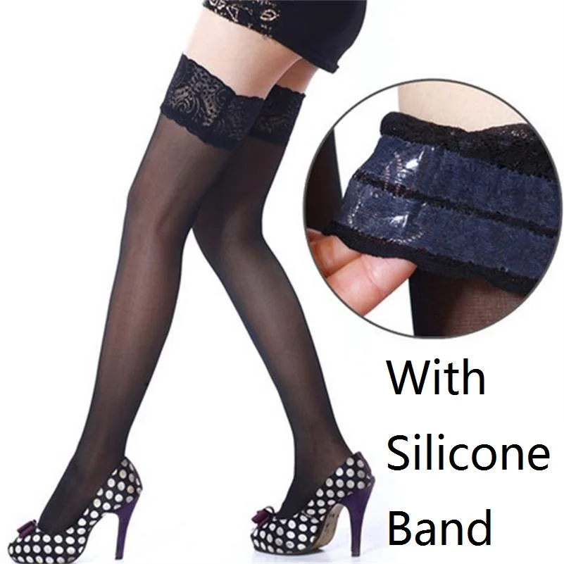 Women Lace Top Stockingsblackwhite 30d Ultrathin Sheer Silk Over Knee 