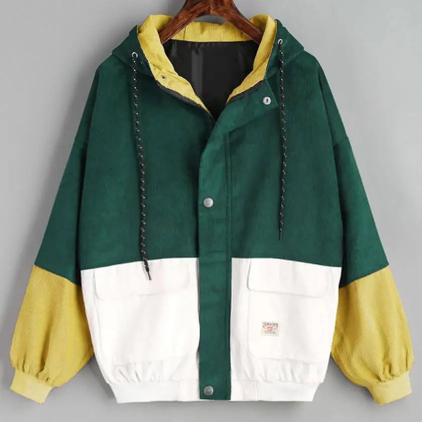 Sydanneoutwear& пальто куртки с длинным рукавом вельветовые Лоскутные Большие куртки на молнии ветровка пальто и куртки для женщин - Цвет: Зеленый