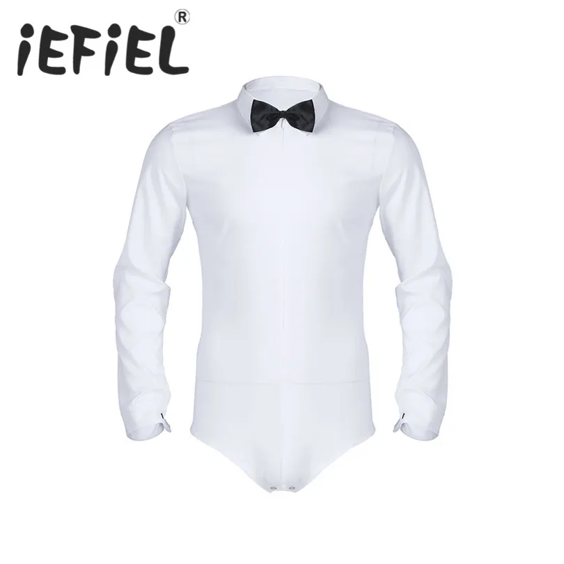 

iEFiEL Mens Long Sleeve Zipper Solid Color Latin Modern Dance Shirt with Bowtie One-piece Romper Shirt Male White Tuxedo Shirt