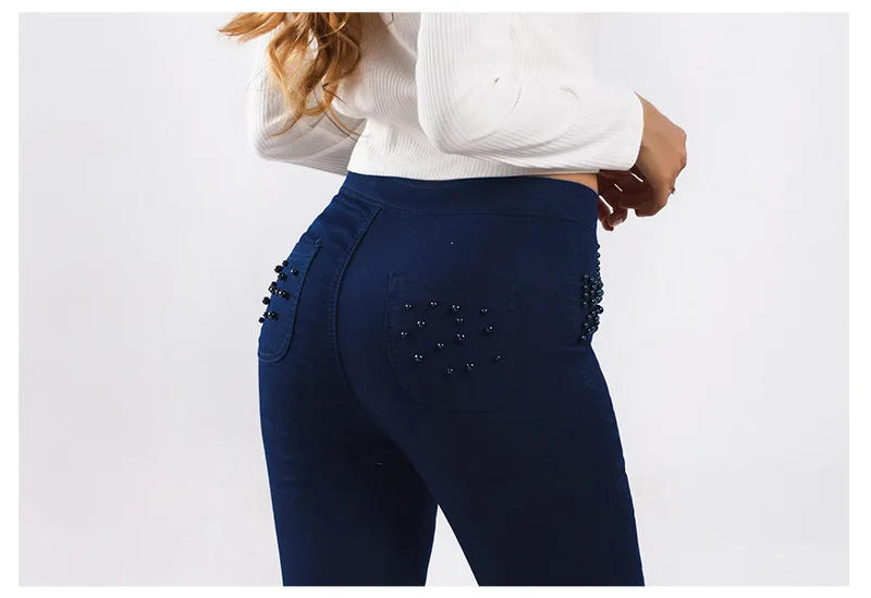 Модные темно-синего цвета с вышивкой FlaresJeans Для женщин с высокой талией, эластичные женские джинсы скинни, карандаш Зауженные джинсы размера плюс#50