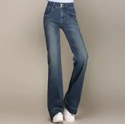 2018 Новый Осень Для женщин джинсы мода Высокая талия Flare Для женщин широкие брюки на синие свободные джинсовые Штаны Повседневные Брюки