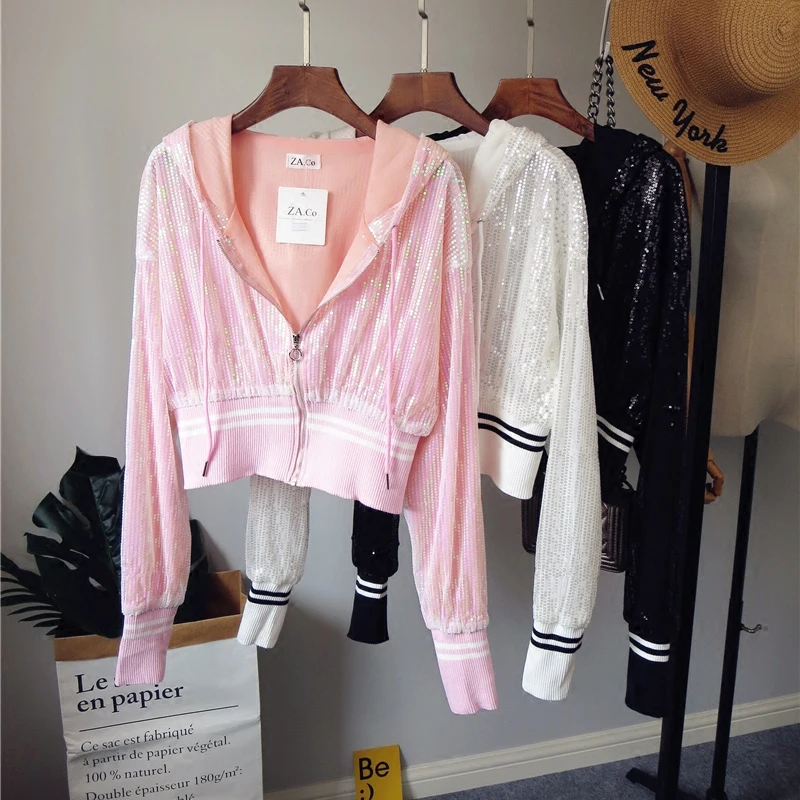 lower price  Women Bomber Sequins Drawstring Hoodie Net Jacket Glitter Beading Hooded Zipper Gauze Coat Cardigan