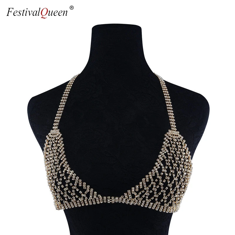 FestivalQueen luxury hollow out diamond bra set women sexy halter chain transparent wire free unlined underwear rhinestone bra