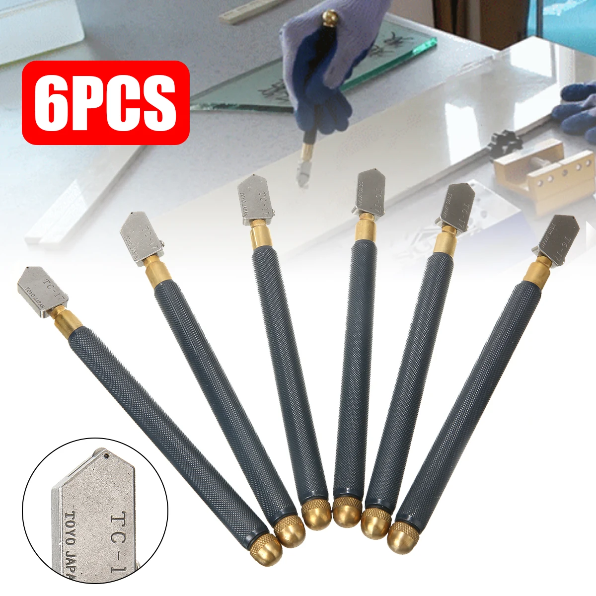 6pcs/Set Oil Glass Cutters TC-17 Metal Handle Diamond Straight Head Professional Cutting Tool for Cutting Glass Tile