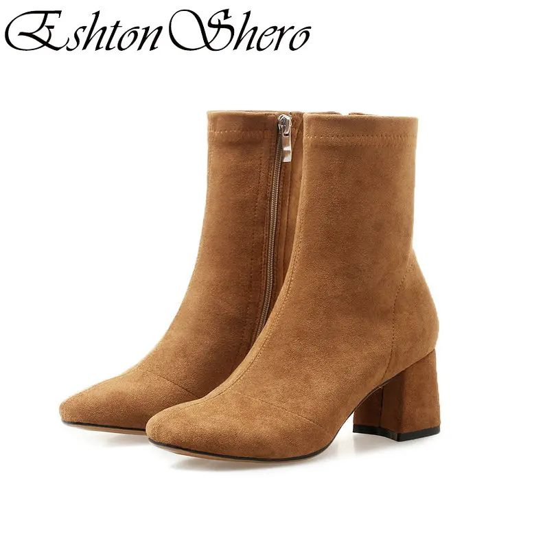 

EshtonShero Winter Shoes Woman Ankle Boots New Pointed Toe High Heel Women Black Ladies Motorcycle Sock Boots Size 34-39