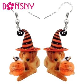 

Bonsny Acrylic Halloween Sweet Pumpkin Hat Labrador Dog Earrings Cartoon Animal Jewelry For Women Girls Teens Party Accessories