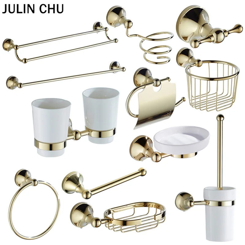

Gold Bathroom Hardware Set Antique WC Brush Holder Toilet Paper Towel Holders Shelf Double Wall Hooks Shower Shampoo Soap Dish