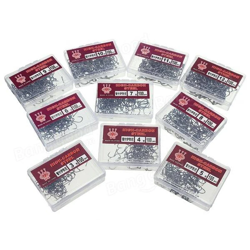 

100Pcs 10 Sizes Carp Assorted Fishing Bait Sharpened Hook Fishhook Carbon Steel Jig Spinners Lures Black With Box