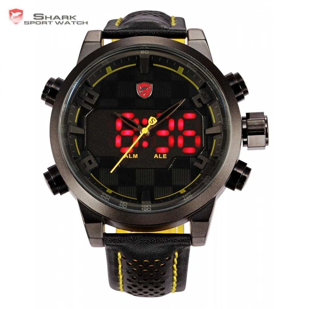 

Sawback Angel Shark Sport Watch Mens Black Yellow Digital Dual Movement 3D Logo Steel Case LED Watches Leather Wristwatch /SH204