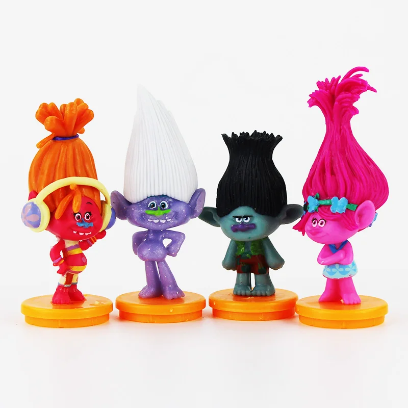 New 4pcs/lot 6 8cm Movie Trolls Toys Poppy Branch DJ Suki Action