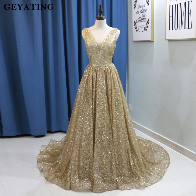 

Bling Champagne Gold Sequins Arabic Evening Dress 2019 Long Dubai Prom Dresses Sexy V-neck Backless Plus Size Women Formal Gowns