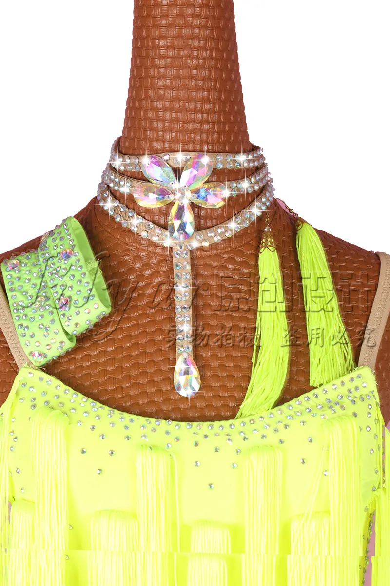 

latin dance dress women Fluorescent yellow tassel bias skirt Flash Diamond