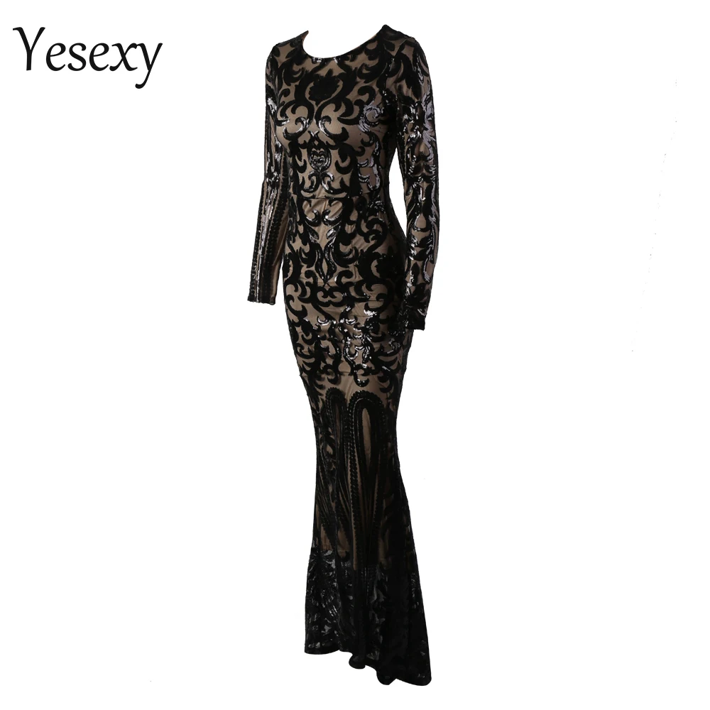 Yesexy, сексуальные ретро платья с круглым вырезом и длинным рукавом, женские макси платья с блестками, Осенние великолепные элегантные женские платья VR8578