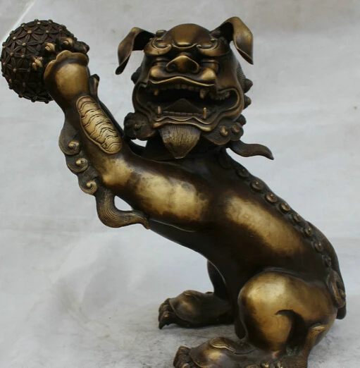 

JP S62 18" Chinese Copper Folk Ball Feng shui Foo Fu Dog Guardion Lion Statue sculpture (B0413)