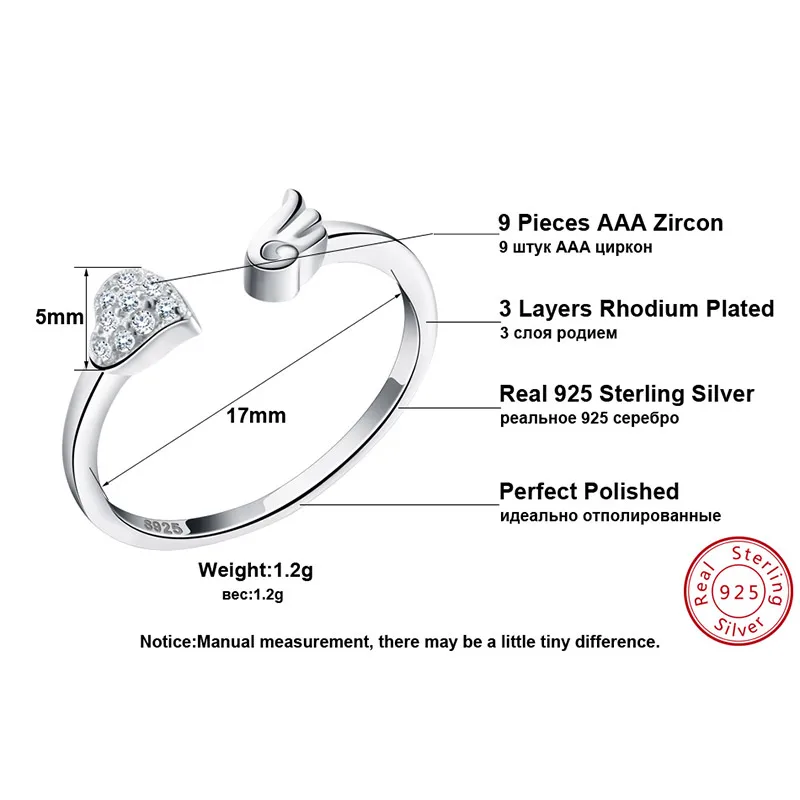 ORSA JEWELS Pure 925 sterling Silver Rings CZ Paved Heart Shape&Angel Wing Rock Adjustable Finger Rings for Women SR02