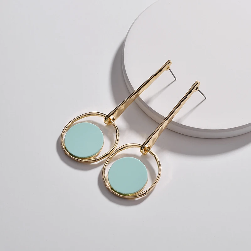 

LUNA CHIAO Fashion Women Gender Mint Green Pink Gray Coating Discs Metal Long Stud Earrings