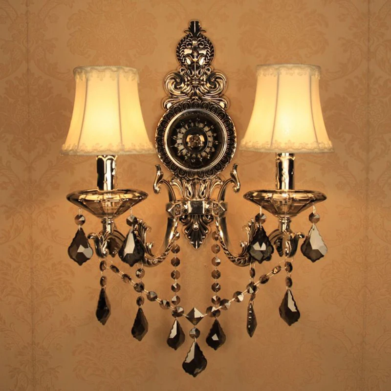 

Restaurant 2-head black metal wall lamp Italy country villa aluminium K9 crystal fabric shade wall light Bar cafe lamp Luminaire