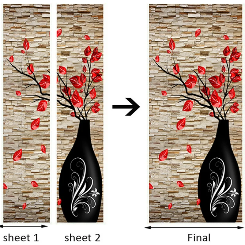 Украшение для дома, наклейка на дверь в китайском стиле, 3D тисненая ваза, цветы, обои для гостиной, кабинета, виниловая дверная Фреска, Papel De Parede