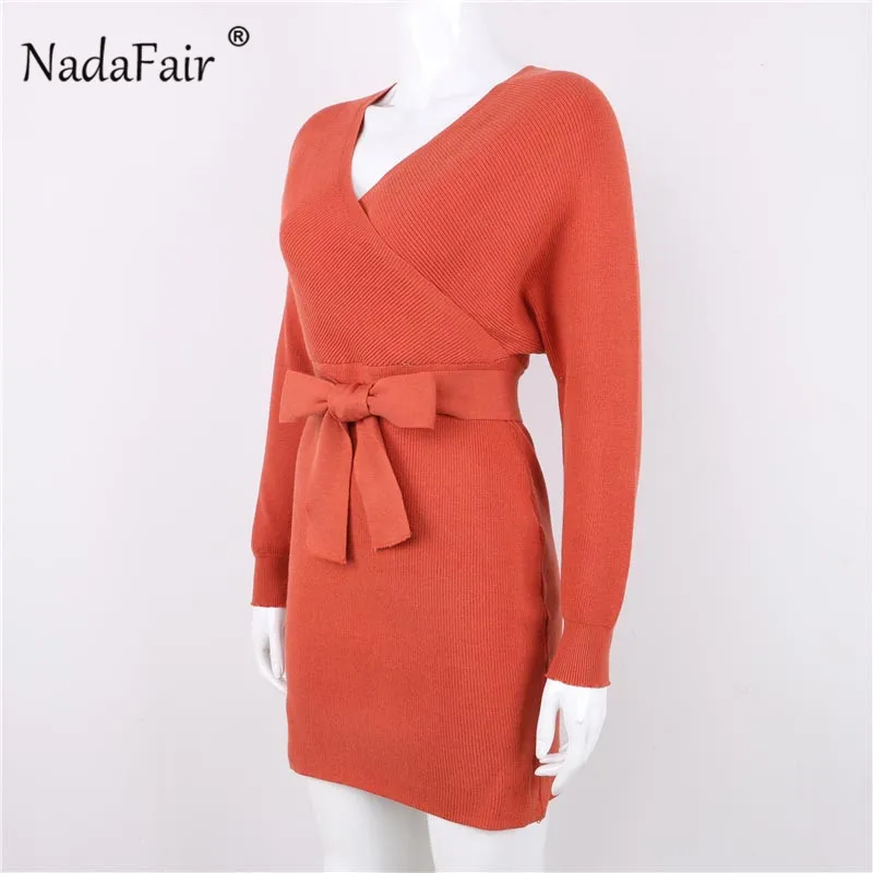 Nadafair, длинный рукав, Элегантная туника, платье-свитер, женское, повседневное, сексуальное, с открытой спиной, v-образный вырез, облегающее, теплое, вязаное платье, зима