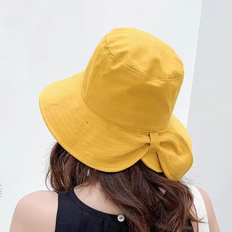 

New Spring Summer Women Bow Yellow Bucket Hat For Girl Fashion Lovely Windproof Fisherman Hat Outdoor Sunscreen Cap Bob Hat