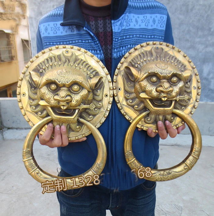 Us 288 0 10 Off 44cm Large Huge Home Exorcise Evil Spirits Mascot Thriving Business Spiritual Lions Feng Shui Copper Doorbell Door Handle In