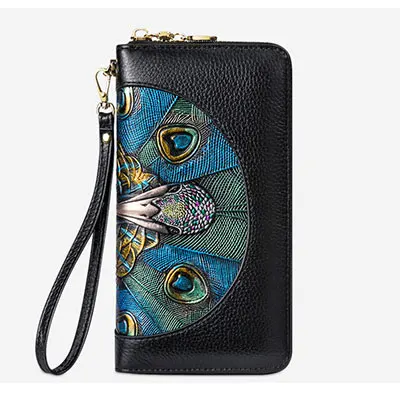 Peacock Модные женские кошельки из натуральной кожи с цветочным принтом, женский клатч, длинный Браслет, кошелек для телефона, портмоне, сумка для телефона, кошелек - Цвет: Peacock