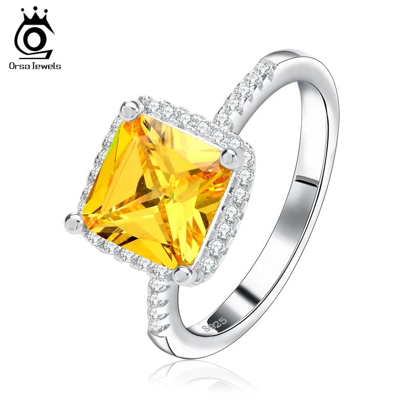 ORSA JEWELS Beautiful Women Wedding Ring 2 ct Princess Cut Yellow Zircon with Micro Paved Clear Zircon Ring for Woman OR57